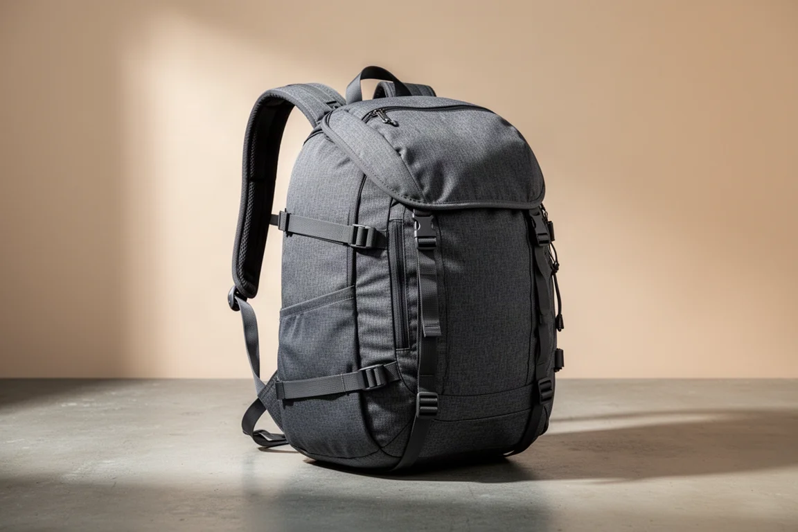 Charcoal grey 40-liter travel backpack standing on a concrete surface