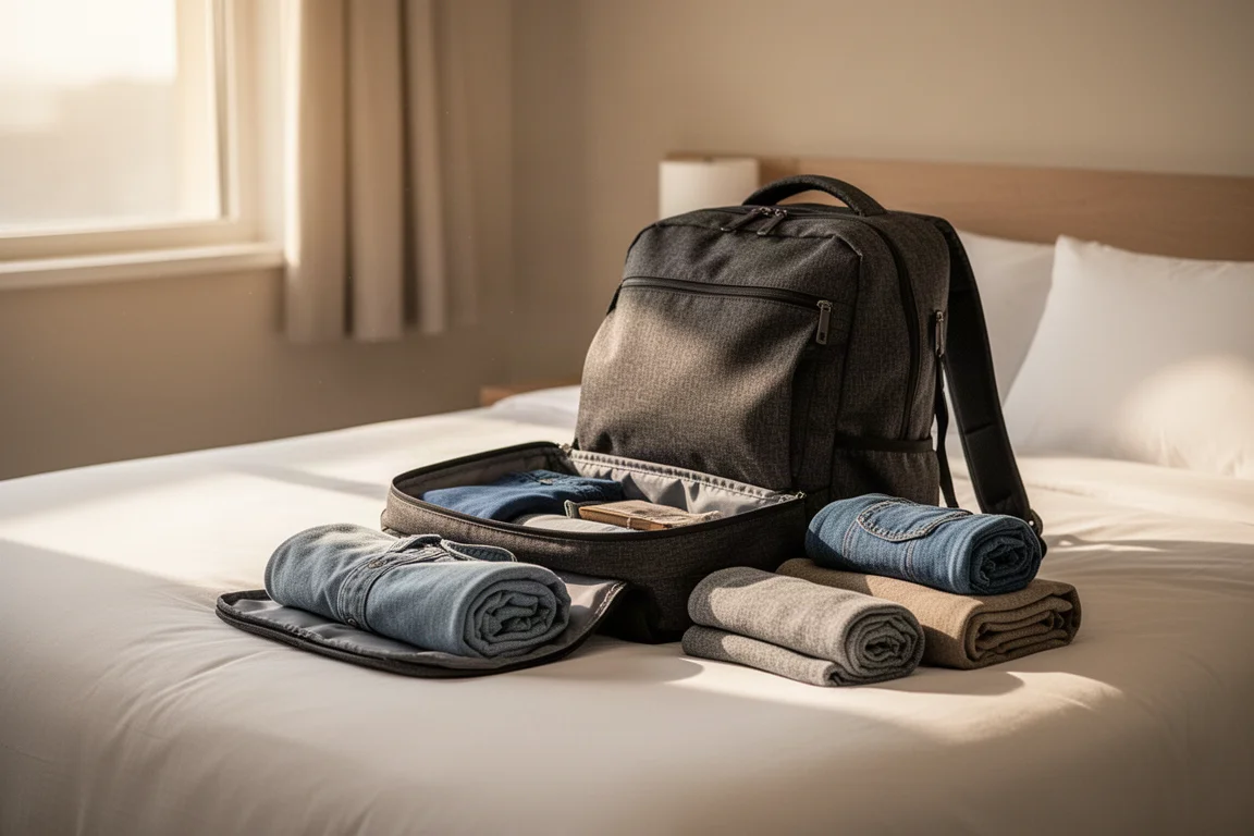 Reiziger pakt een grote reisrugzak in op een hotelbed, uitrusting netjes uitgelegd
