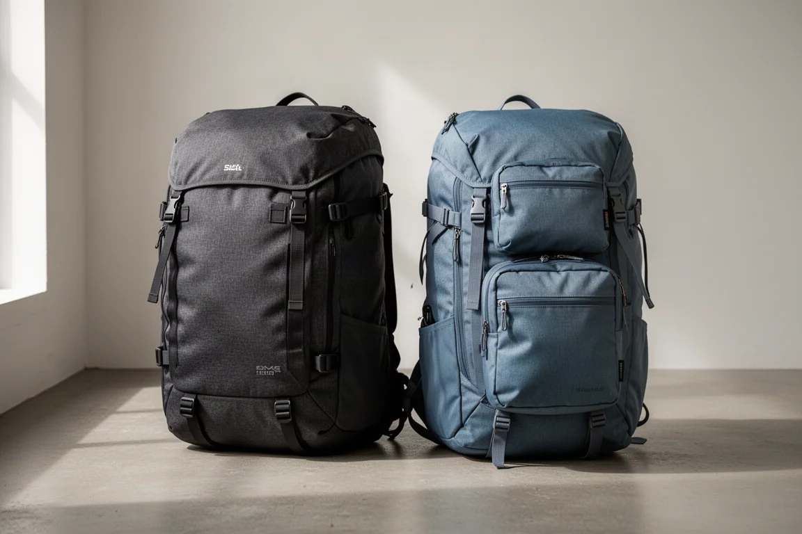 Charcoal and blue-grey travel backpacks standing side by side on concrete