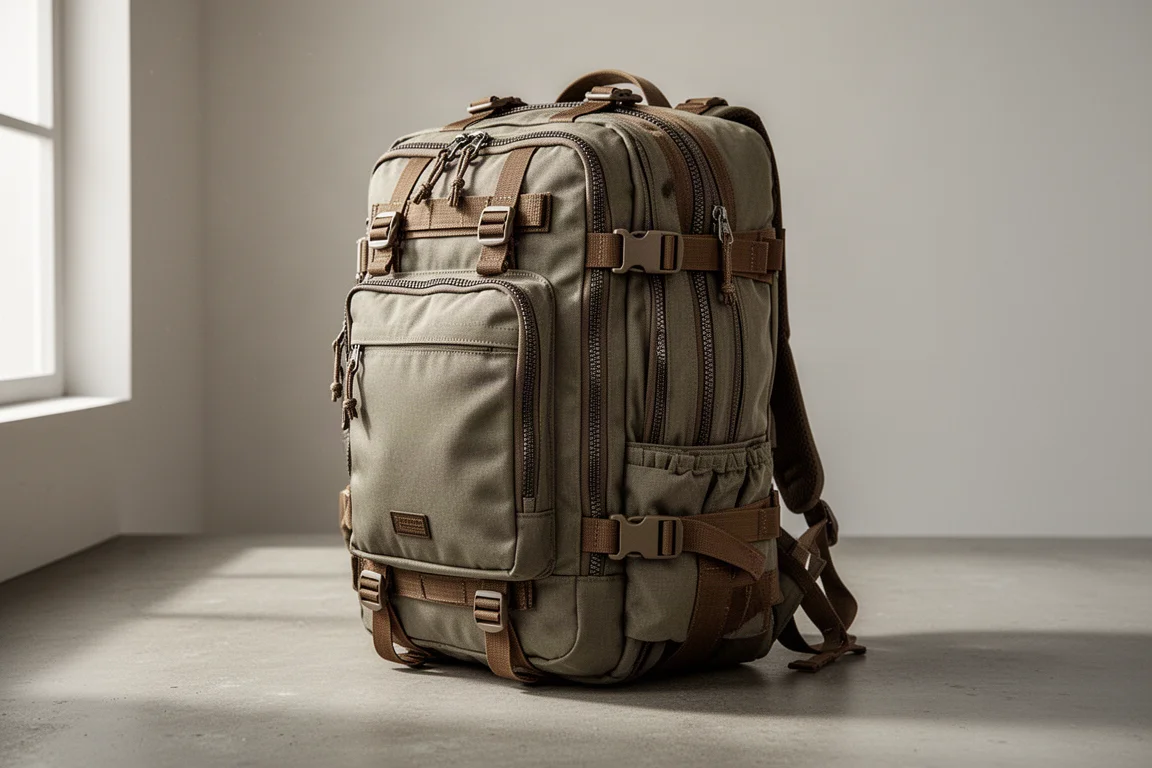 Retro-styled 42-liter rectangular travel backpack on a concrete surface