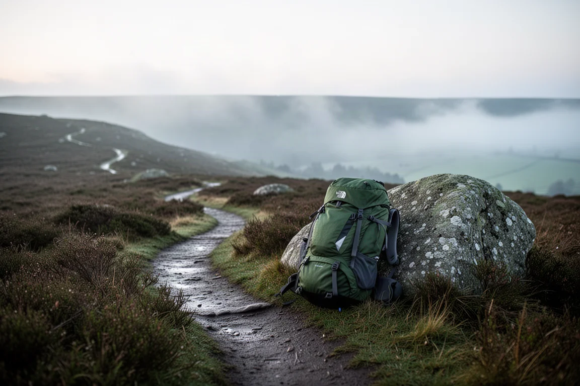 Beladener Wanderrucksack auf einem Granitblock neben einem Höhenweg im ersten Licht