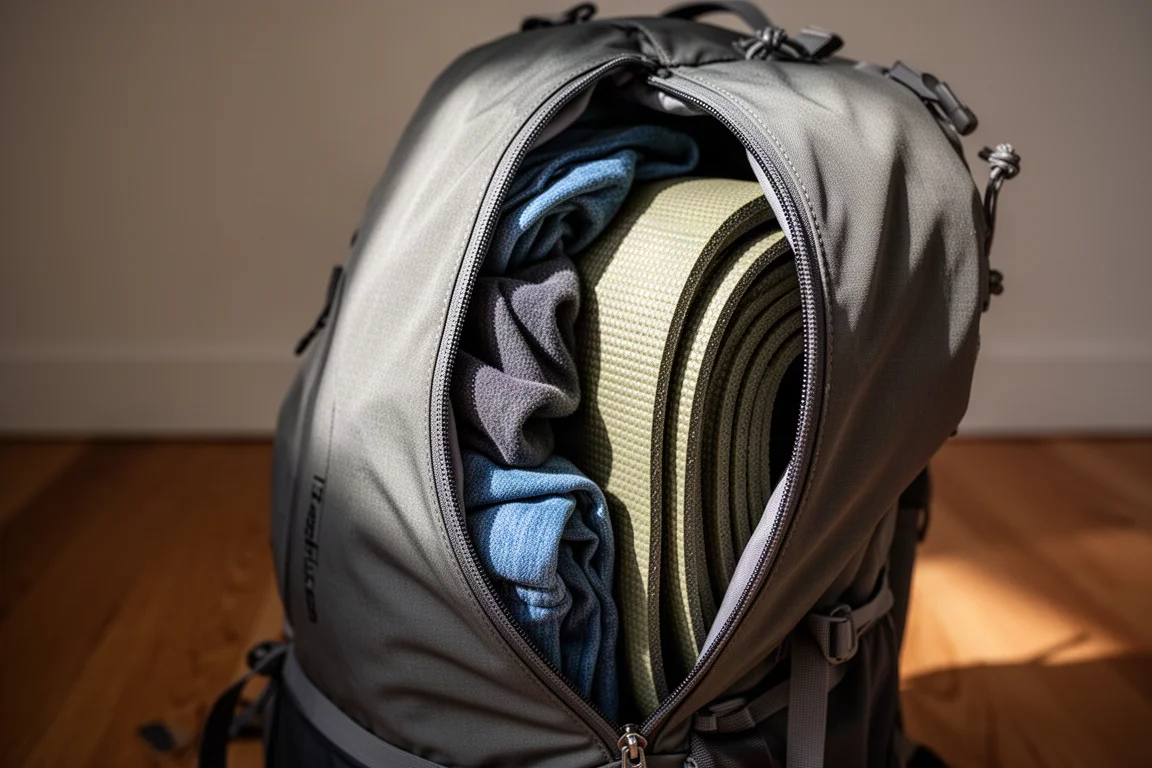 Nahaufnahme eines entlang eines durchgehenden Reißverschlusses geöffneten Seitenpanels eines Wanderrucksacks