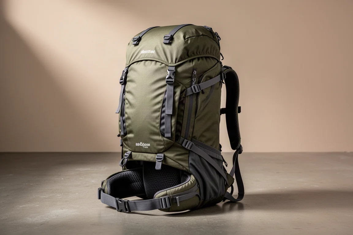 Olive green 48-litre hiking backpack standing on a concrete floor in soft studio light