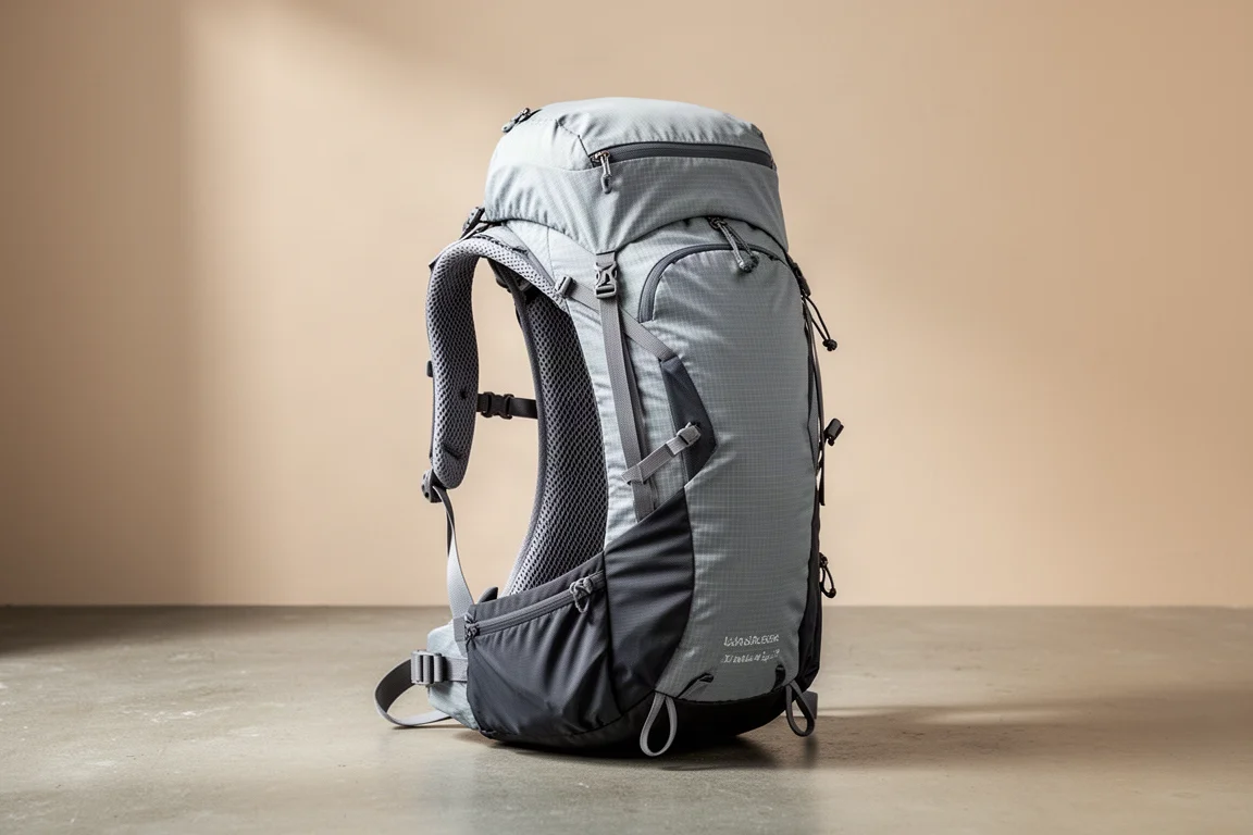 Ultraleichter Wanderrucksack, aufrecht auf einer Betonfläche stehend