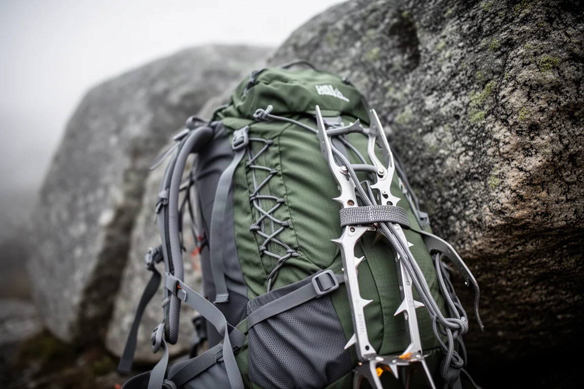 Primo piano di fettucce a margherita e ramponi fissati su uno zaino da arrampicata accanto al granito