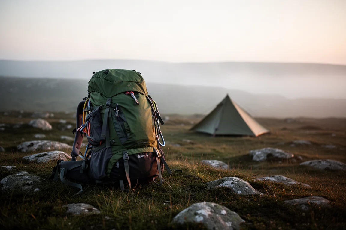 Zaino da arrampicata carico appoggiato sulla brughiera all'alba con una tenda e colline in lontananza