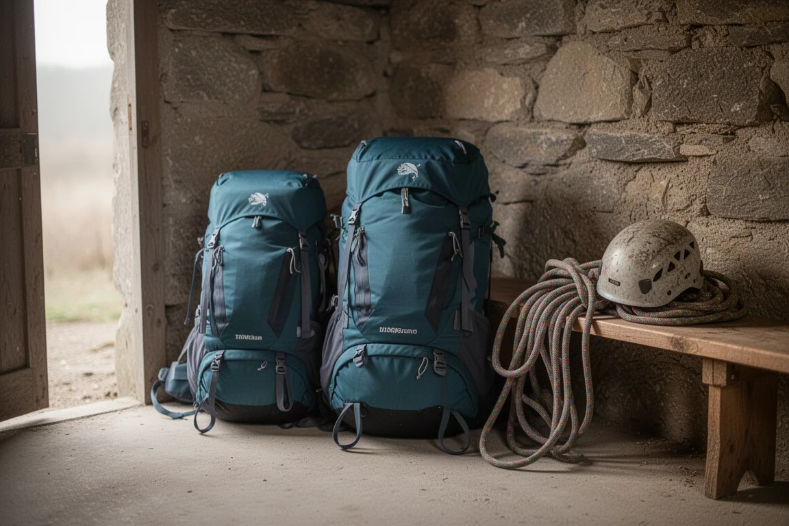 Due zaini da arrampicata di dimensioni diverse appoggiati a un muro di pietra con corda e casco