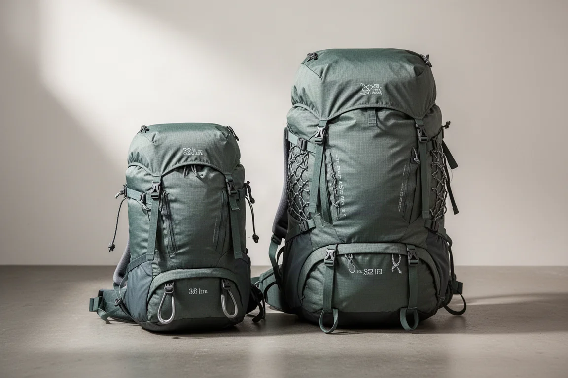 Two technical climbing backpacks of different sizes arranged on a concrete surface