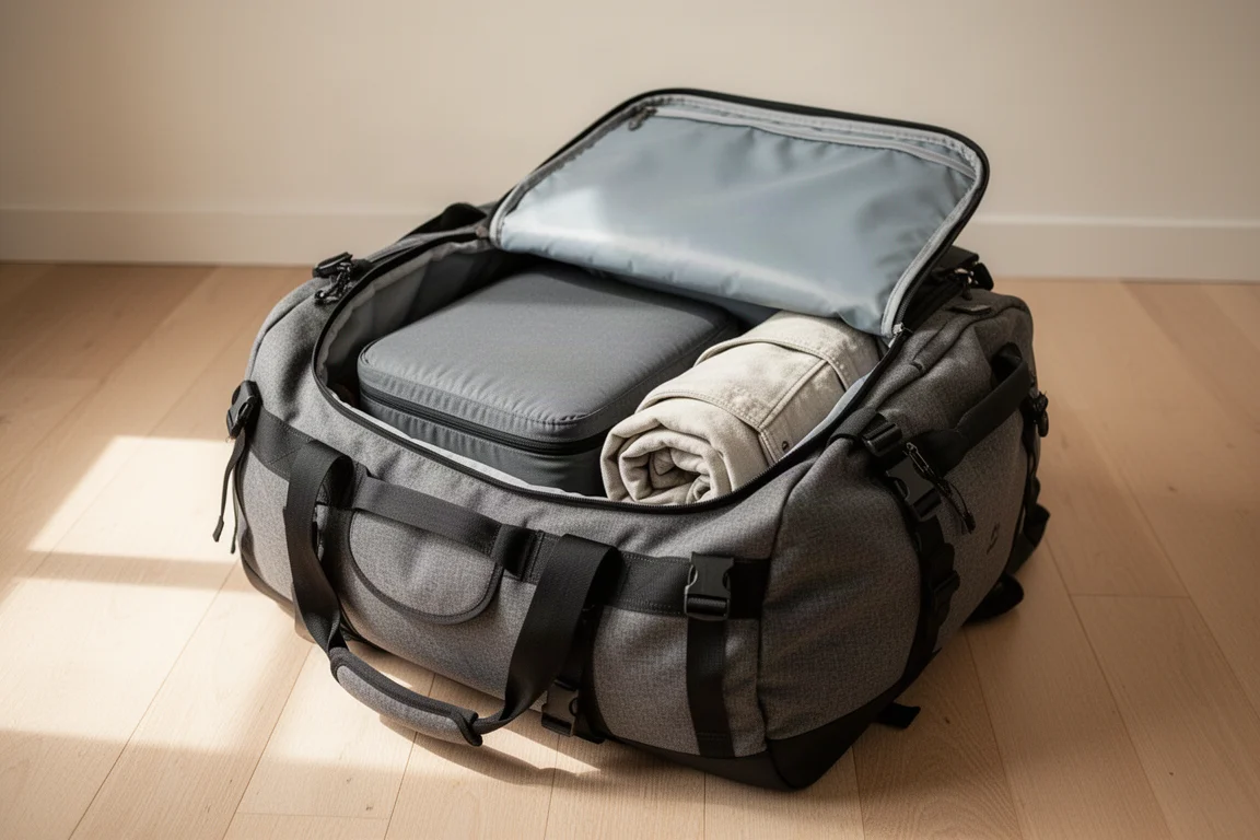 Mochila de viaje abierta sobre una cama con cubos organizadores y una chaqueta ligera dentro