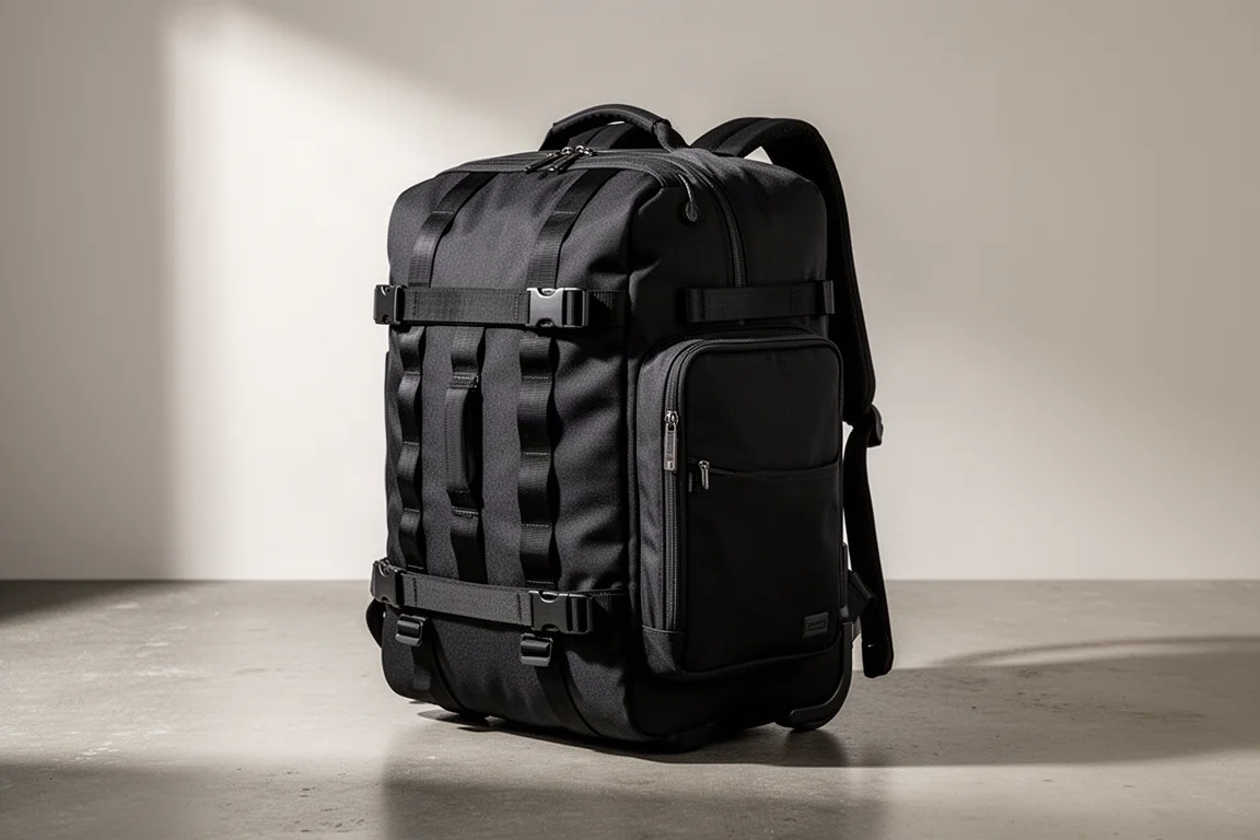 Black duffel-style carry-on travel backpack standing on a concrete surface