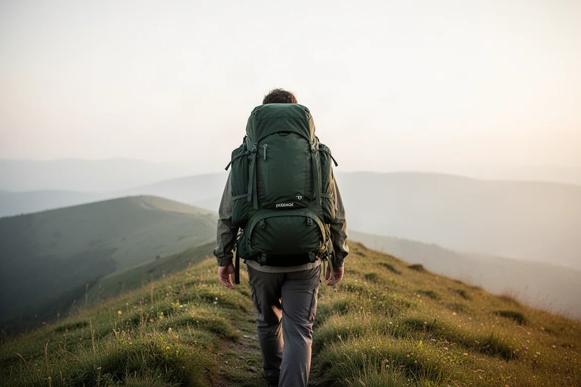Senderista visto desde atrás caminando por una cresta herbosa con una gran mochila verde