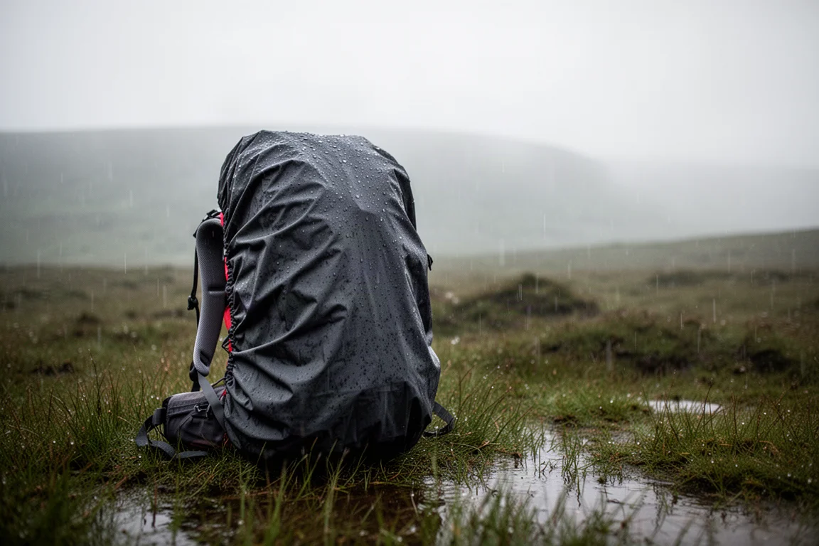 Mochila con funda de lluvia ajustada de pie sobre hierba de páramo mojada bajo una lluvia intensa