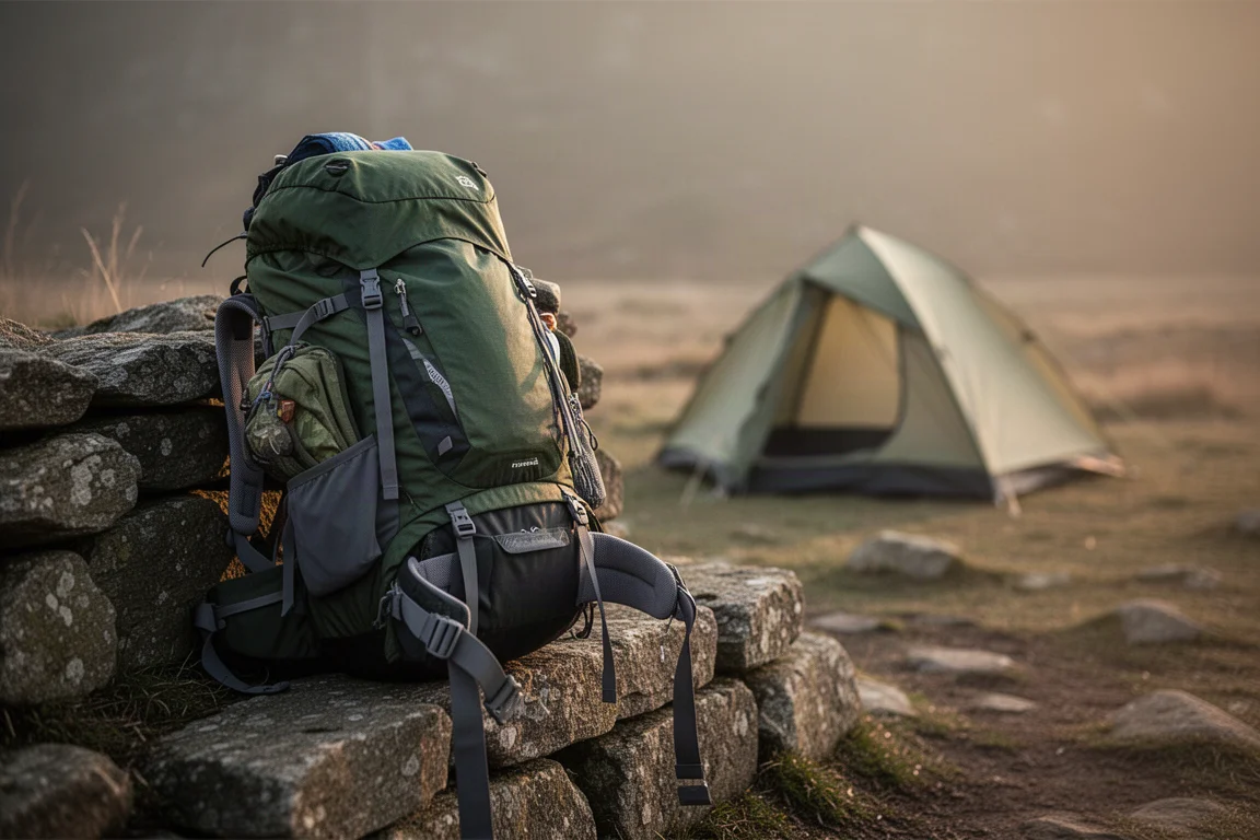 Mochila de senderismo cargada apoyada en un muro de piedra en un camping con luz tenue de atardecer