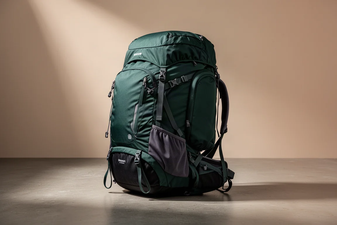 Großer grün-schwarzer 65-Liter-Wanderrucksack steht auf einem Betonboden