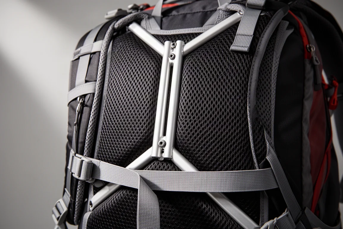 Gros plan d'un panneau dorsal en mesh ventilé de sac de randonnée sur un cadre en aluminium