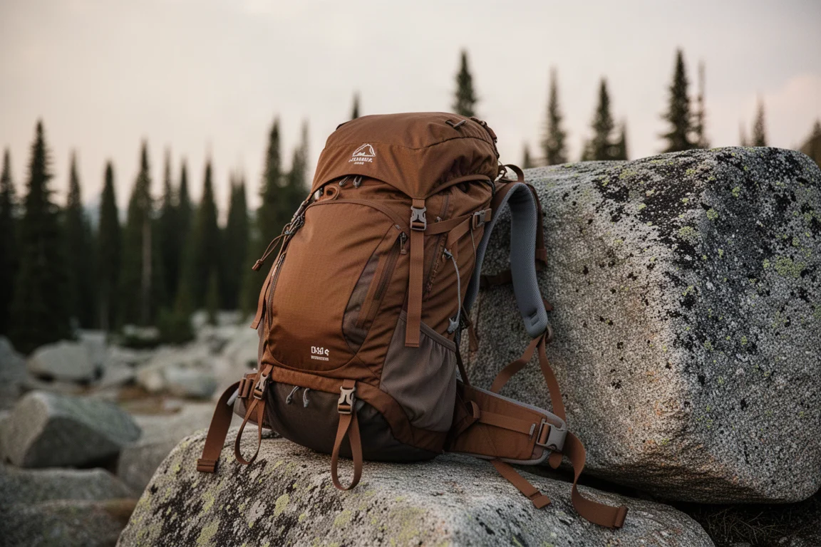 Sac à dos de randonnée chargé appuyé contre un rocher de granite dans un camp alpin
