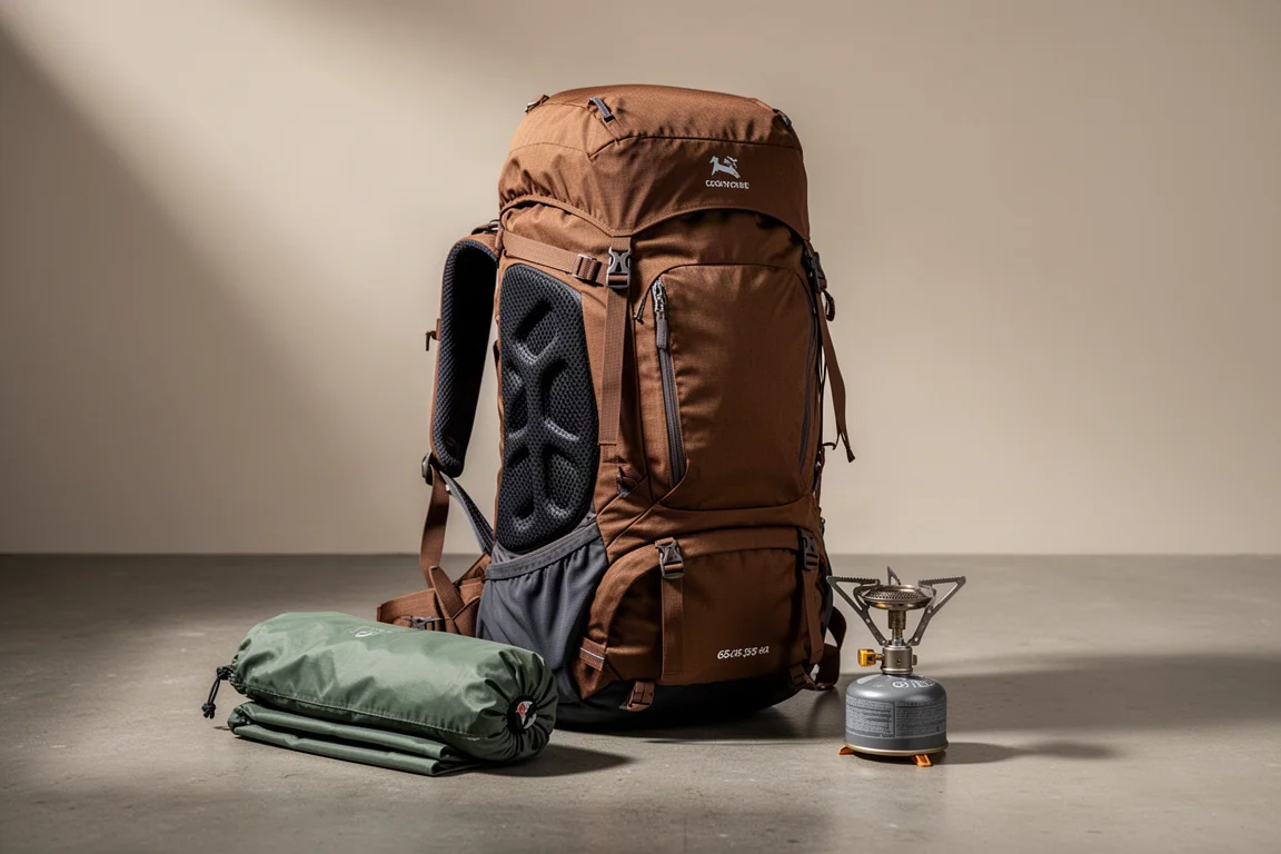 Coyote brown 65-litre hiking backpack with rain cover and camping stove on concrete