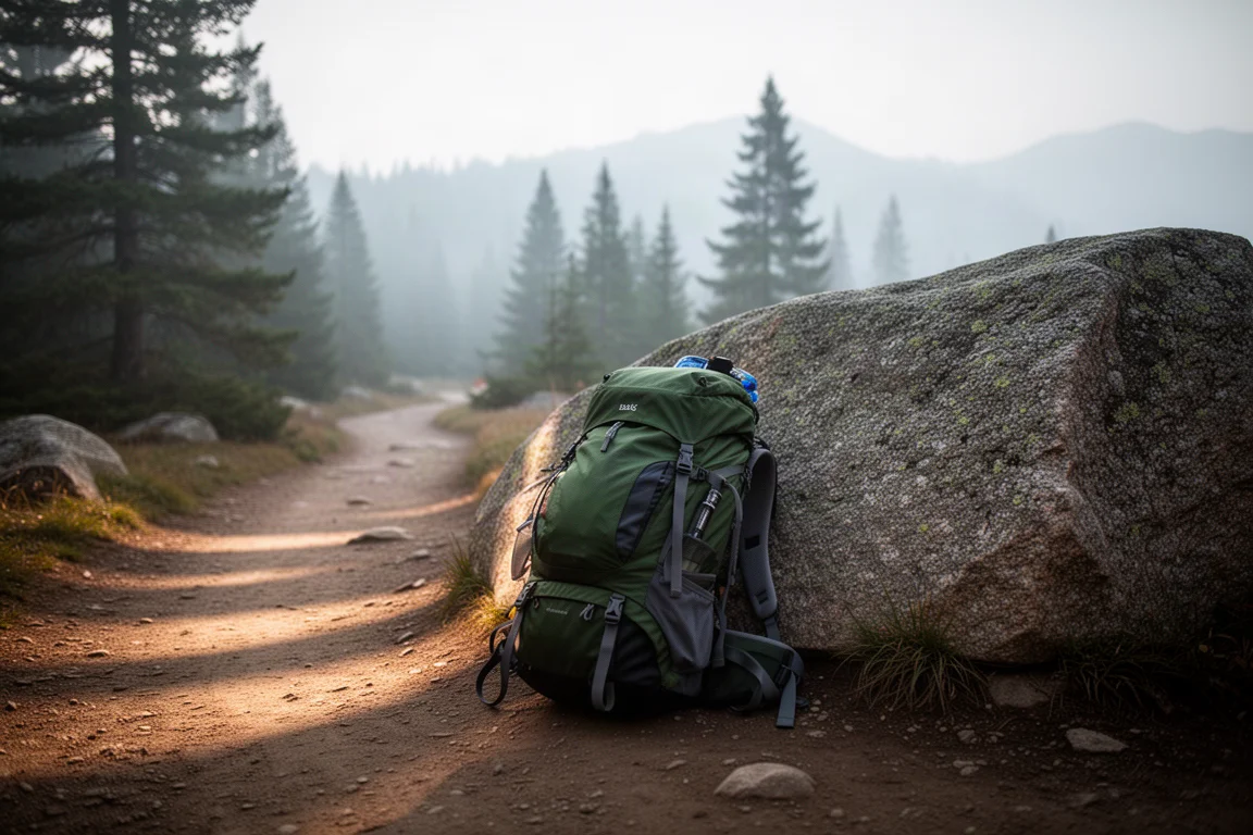 Mochila de trilha marrom carregada apoiada em um matacão de granito na entrada de uma trilha na montanha ao nascer do sol