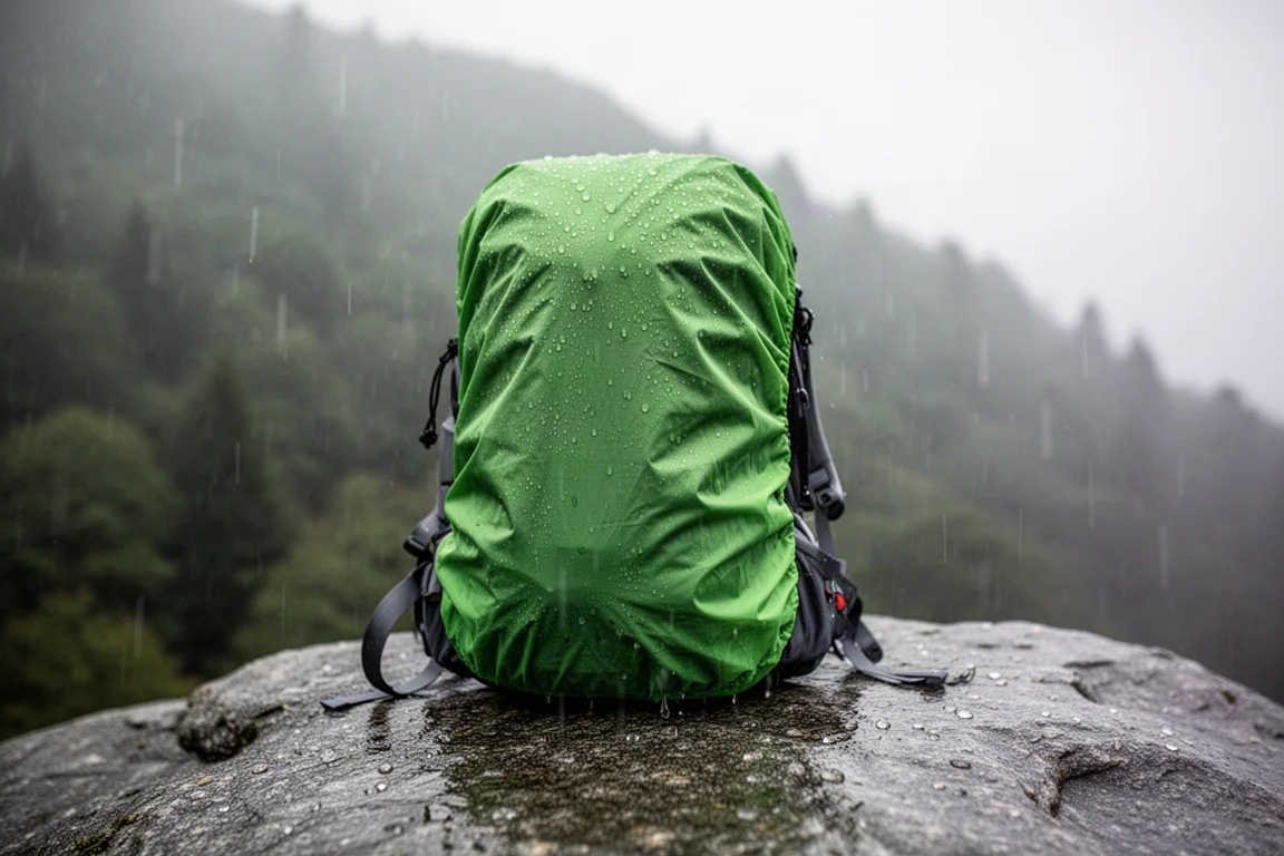 Mochila equipada com capa de chuva verde-brilhante em pé sobre rocha molhada sob chuva leve