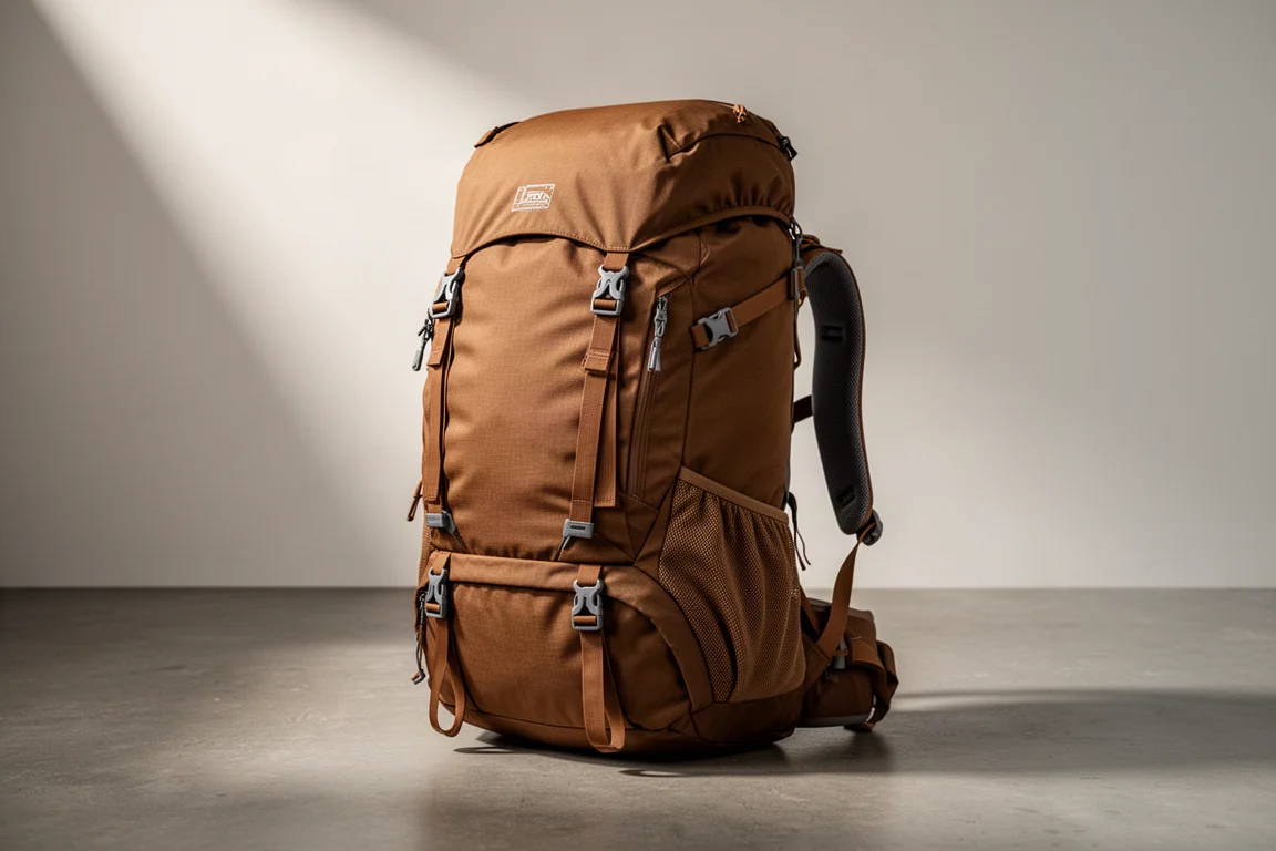 Coyote brown 65-litre hiking backpack standing upright on a concrete floor
