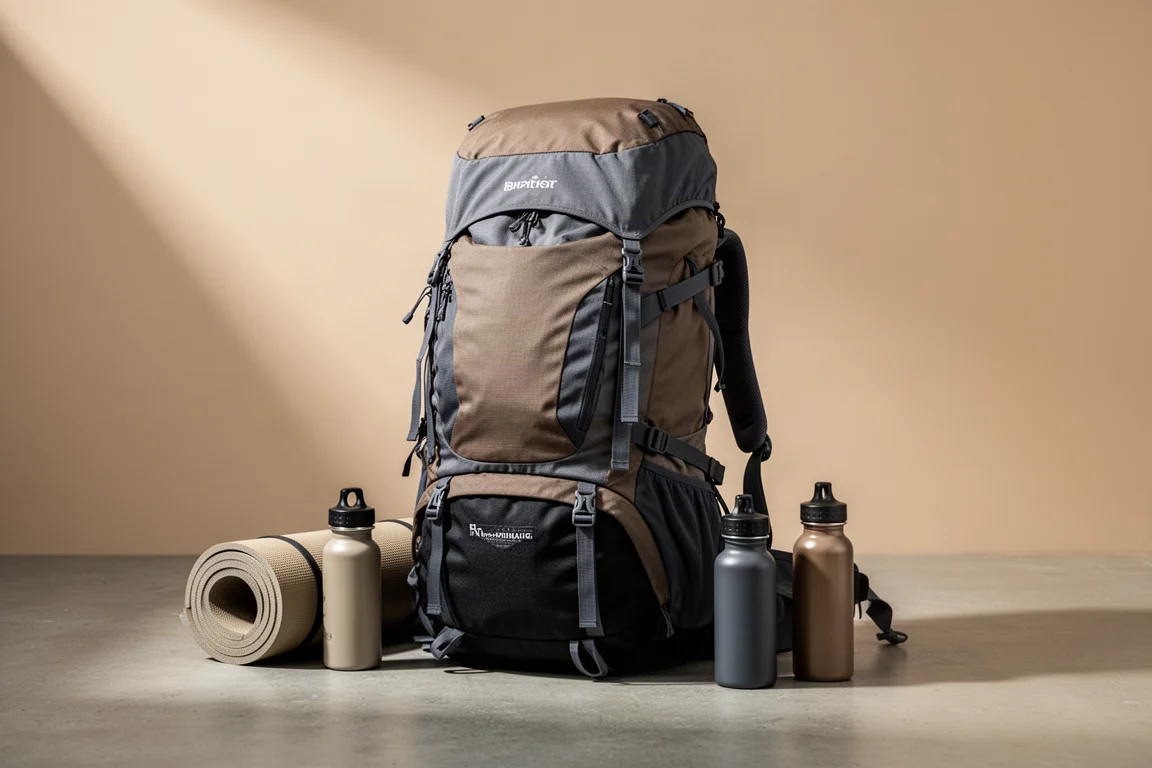 Large 65 litre trekking backpack with sleeping pad and water bottles on concrete