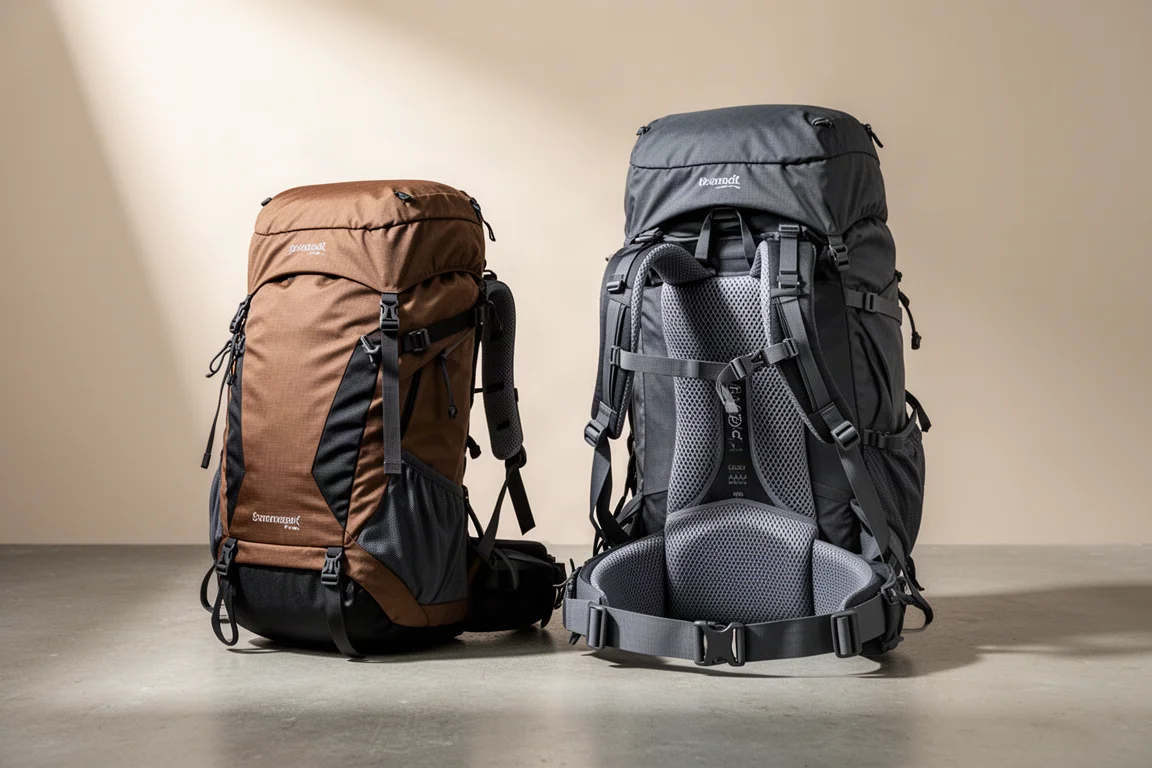 Two 65-litre hiking backpacks side by side on a concrete surface for comparison