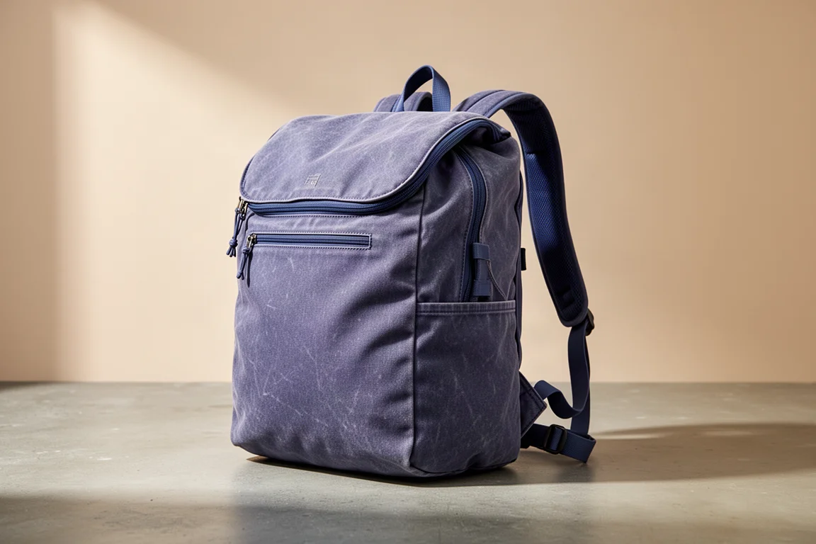 Osprey Scarab Heritage 30L travel backpack in blue-purple vintage nylon on concrete