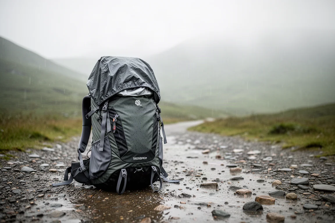 Mochila de día con funda de lluvia en un inicio de sendero brumoso con llovizna ligera
