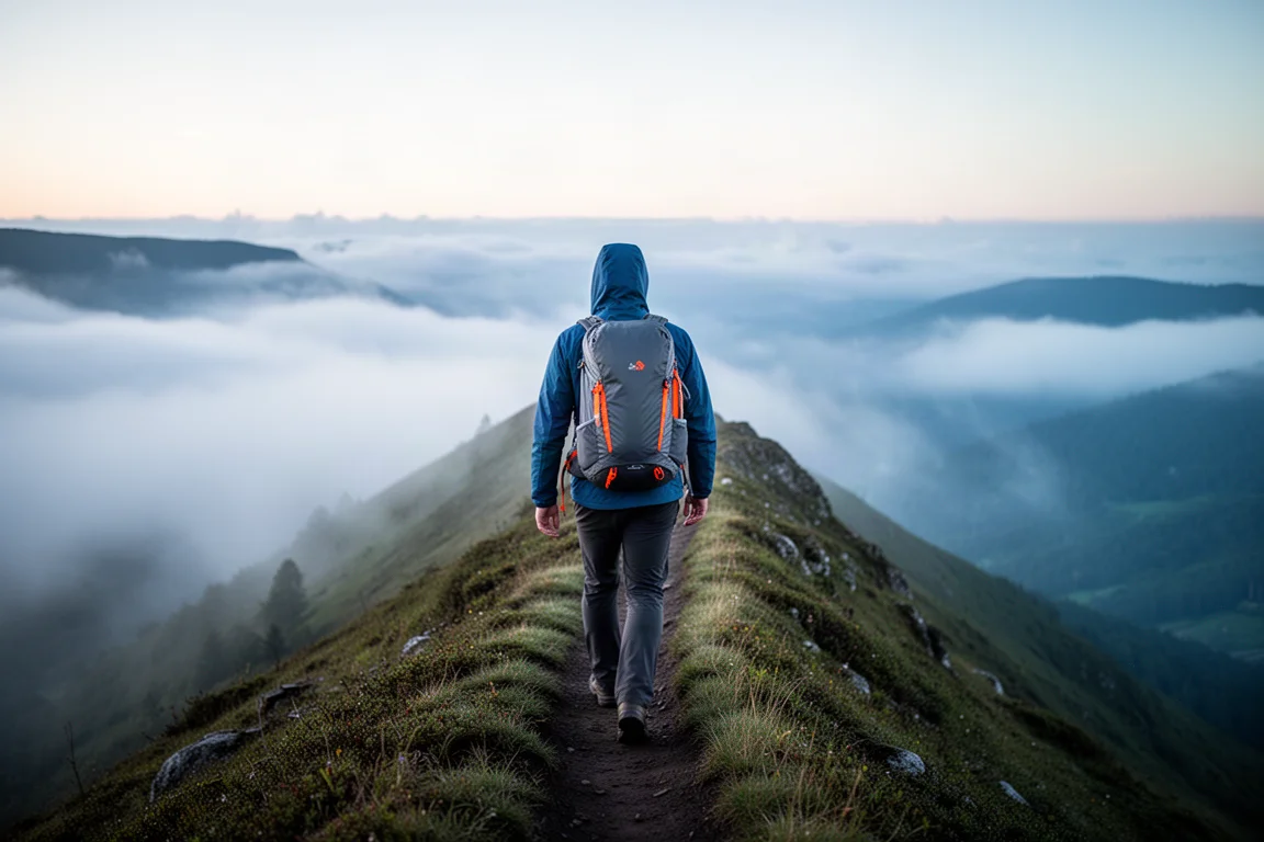 Wanderer auf einem Bergkammweg über einem wolkengefüllten Tal mit kompaktem grauen Tagesrucksack