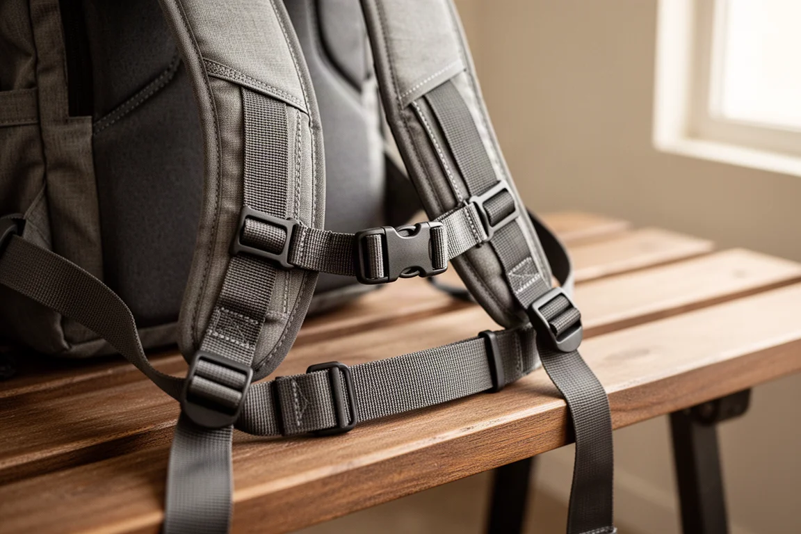 Nahaufnahme eines Tagesrucksack-Schultergurts und Brustgurtverschlusses auf einer Holzbank