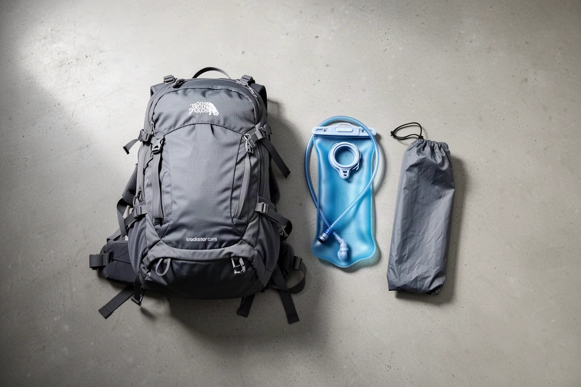 Flach gelegter grauer Tagesrucksack mit Trinkblase und Regenhülle auf Beton