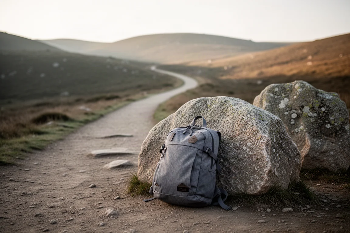 Grauer Tagesrucksack lehnt an einem Felsen am Trailhead im frühen Morgenlicht