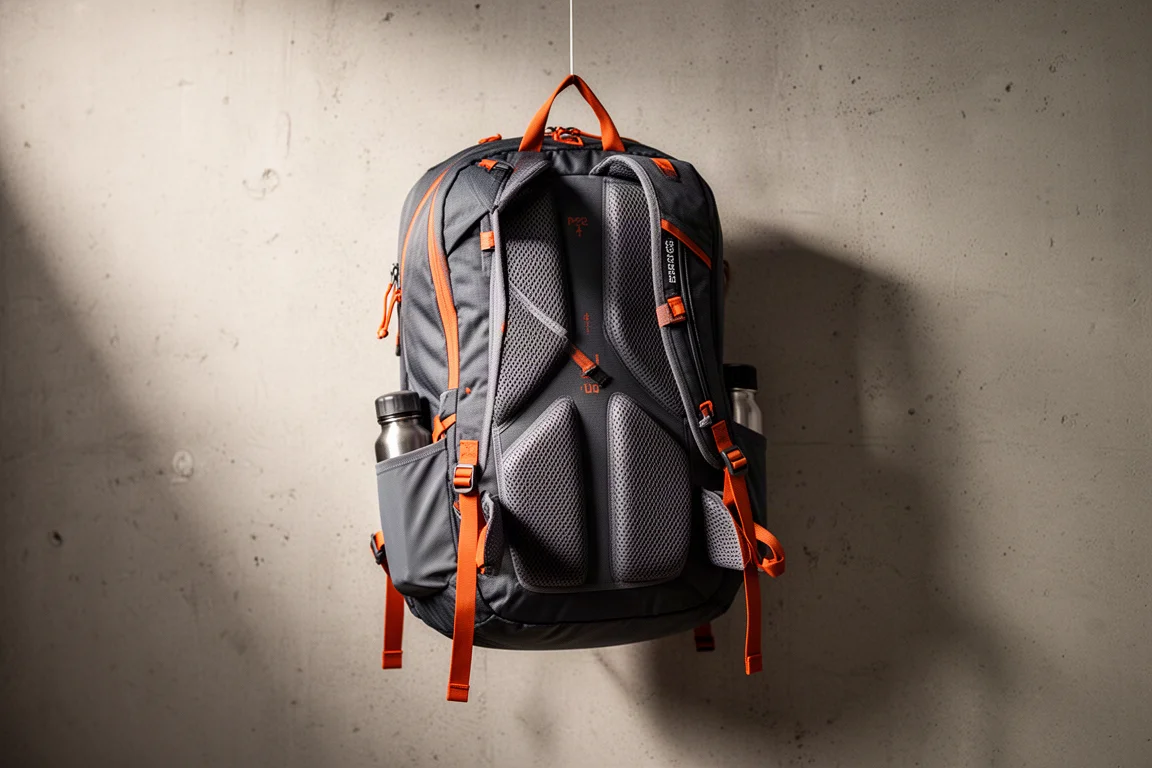 Grey and orange 22 litre hiking daypack on a concrete surface with ventilated back panel