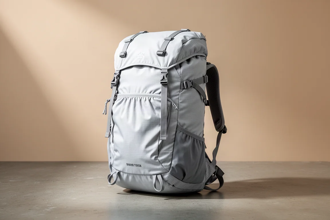 Light grey technical hiking daypack with floating lid on a matte concrete surface
