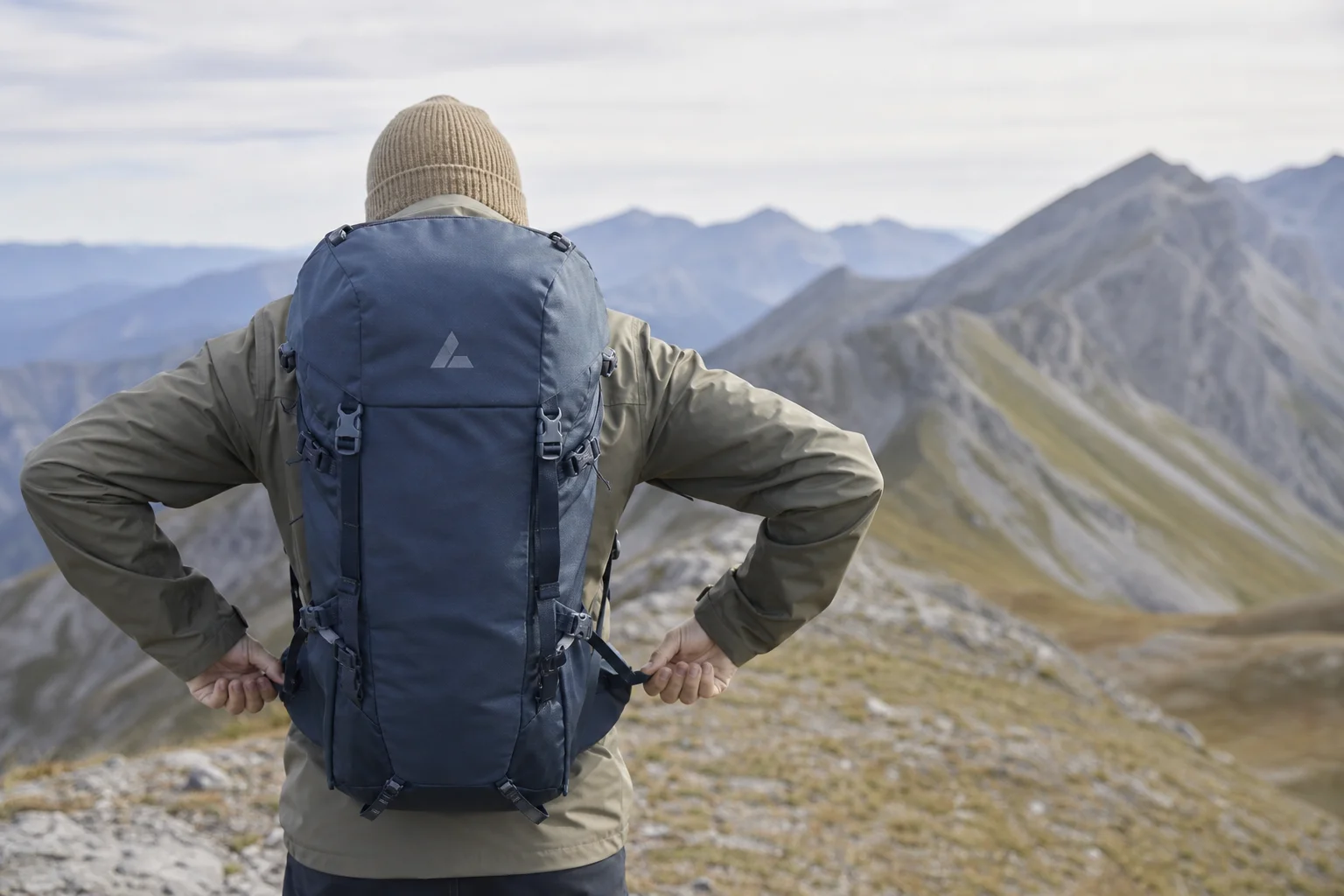 Vandrare som justerar kompressionsremmar på en ryggsäck medan hen står på en bergskam