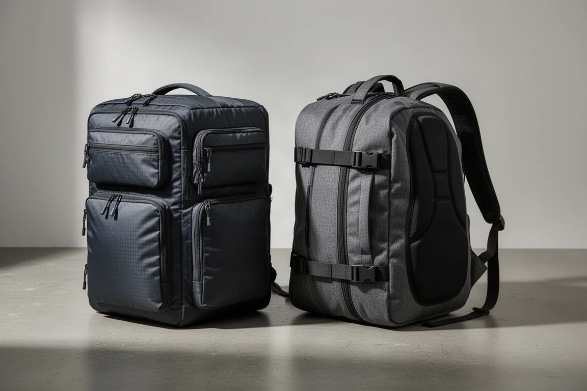 Two Osprey carry-on travel backpacks side by side on a concrete studio surface