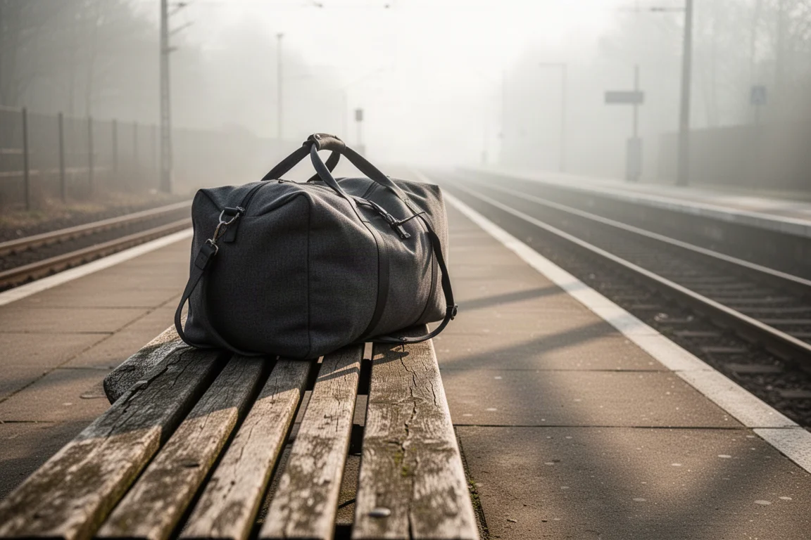 Grand duffel de voyage carré posé sur un banc de quai de gare dans la lumière du petit matin