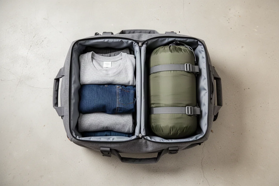 Vue à plat d'un duffel carré ouvert, rempli de vêtements pliés et d'un sac de couchage