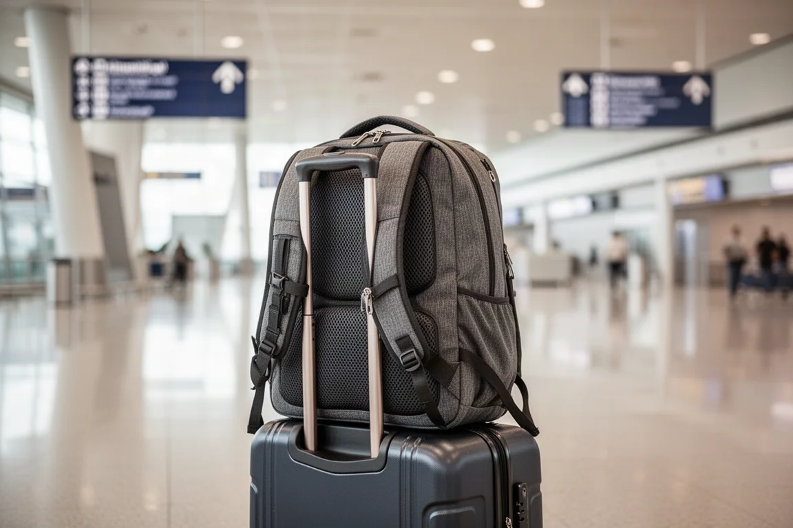 Sac à dos cabine glissé sur la poignée d'une valise à roulettes dans un terminal d'aéroport