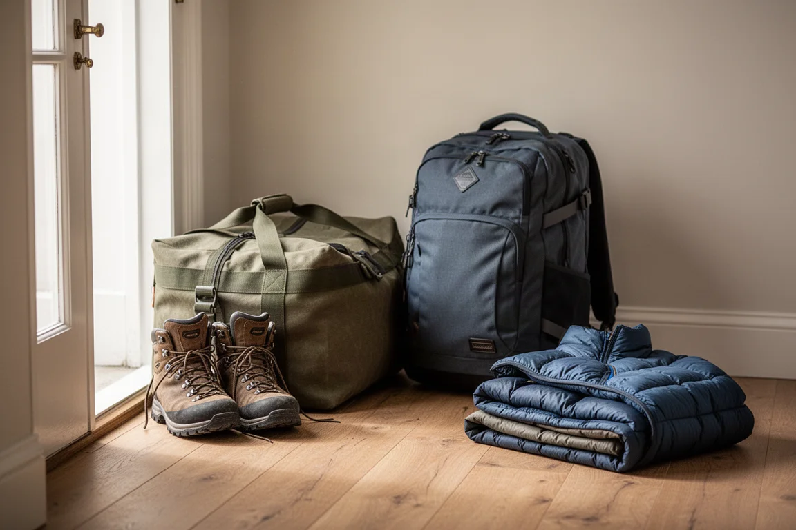 Deux sacs de voyage remplis attendant près d'une porte avec des chaussures de randonnée et une veste pliée