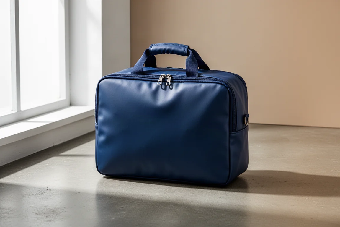 Borsa da viaggio in stile duffel blu in piedi su un pavimento in cemento con manico superiore visibile