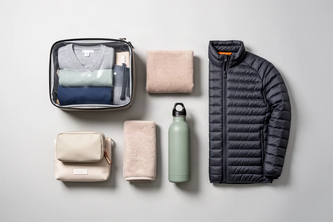 Vista dall'alto in flat-lay di attrezzatura da viaggio con cube compressibile, beauty kit e borraccia