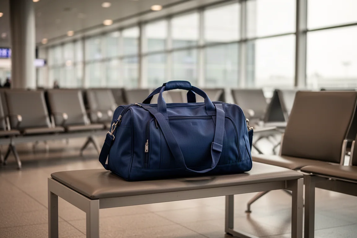 Borsa da viaggio appoggiata su una seduta in stile aeroportuale con area di imbarco sfocata sullo sfondo