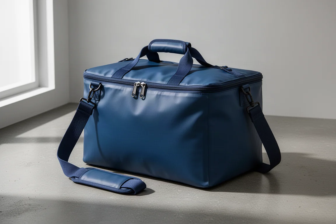 Borsa da viaggio morbida blu in stile Osprey con tracolla su superficie in cemento