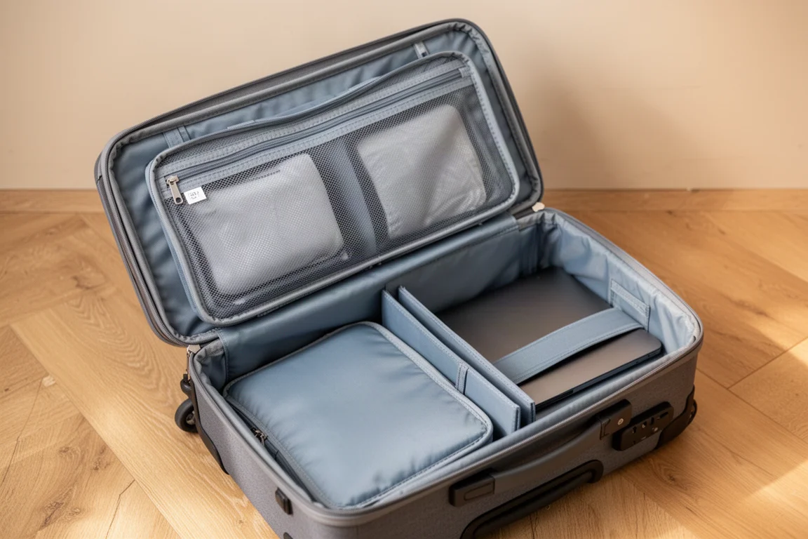 Clamshell-interiör med ett inbyggt packkubsfack öppet