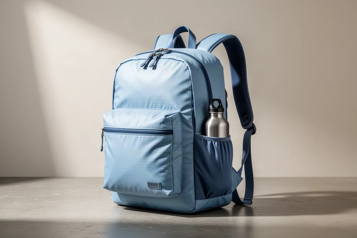 Light blue ripstop travel backpack standing on a concrete surface