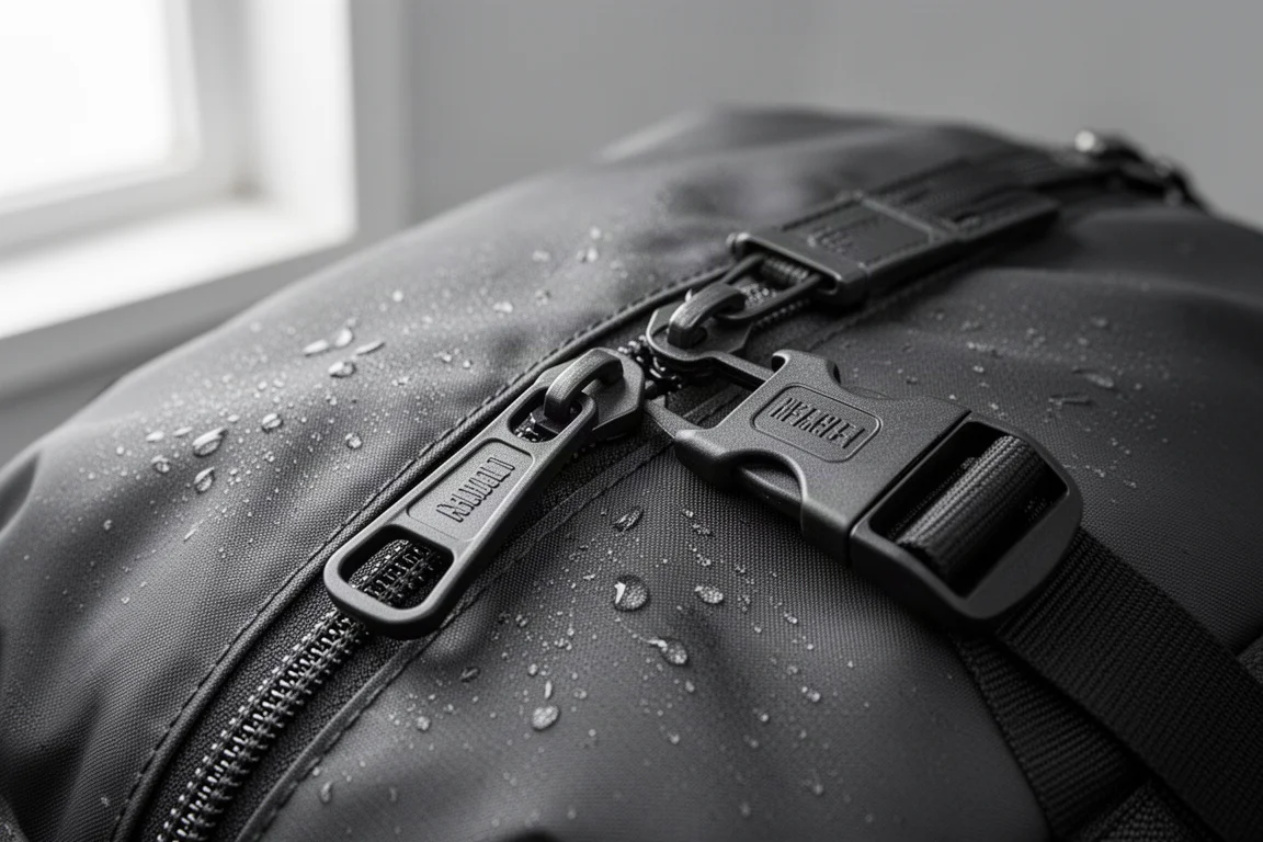 Primo piano del tessuto nylon rivestito resistente di uno zaino con un grande cursore YKK