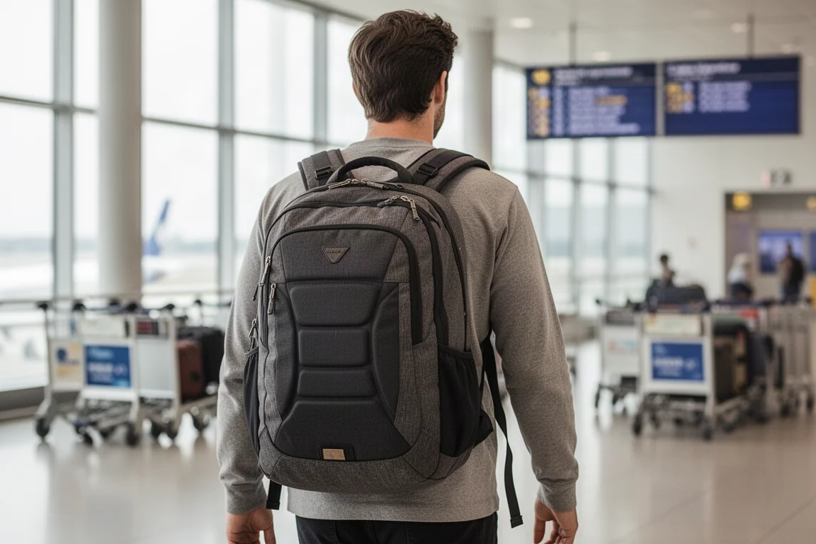 Viaggiatore con uno zaino attraversa un terminal aeroportuale nella luce soffusa del giorno