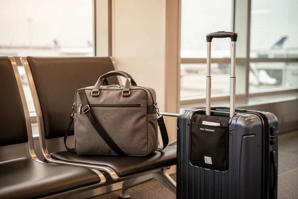 Borsa a spalla compatta appoggiata sull'impugnatura di una valigia a rotelle presso una seduta dell'aeroporto