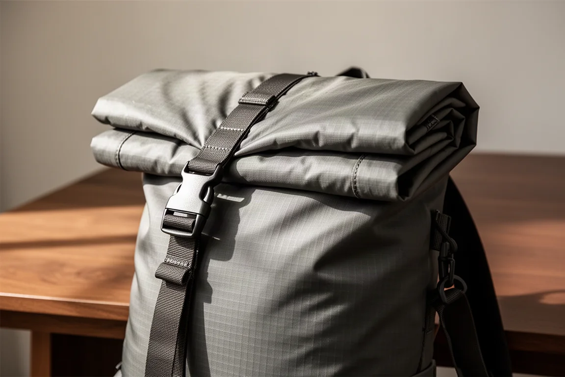 Wodoszczelny day pack z zamknięciem rolka, zaciśnięty i zapięty, stojący na neutralnym podłożu
